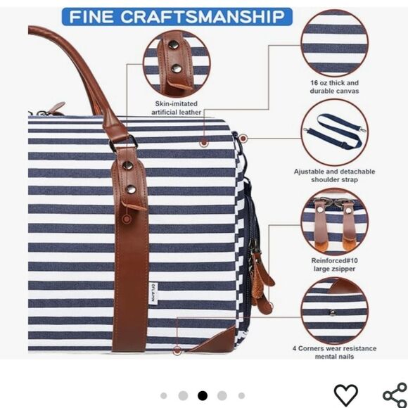 Striped Blue and White Travel Bag with Brown Accents - Picture 3 of 7
